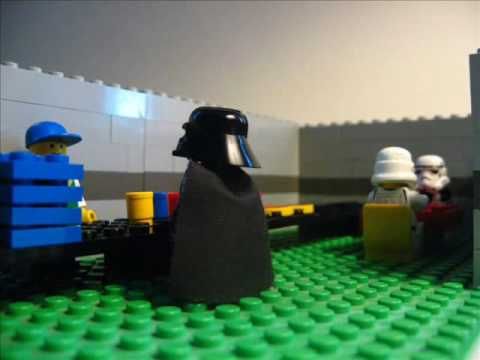 A still from a YouTube video of Eddie Izzard’s “Death Star Canteen” skit featuring Lego Star Wars minifigures 